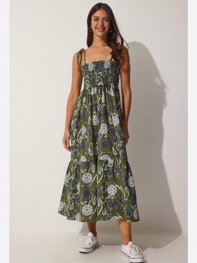 Zara Olive Green Floral Smocked Tie-Shoulder Maxi Dress